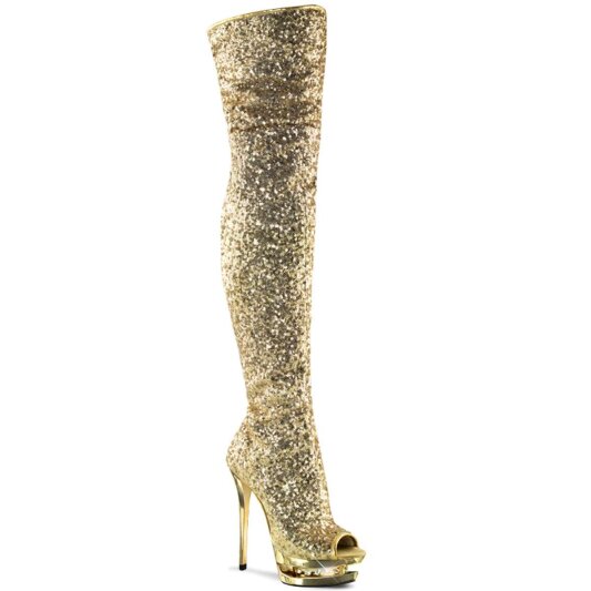 Pleaser BLONDIE-R-3011 Stivali Sopra Il Ginocchio - Glitter Dorato/ Dorato Cromato EU-35 / US-5