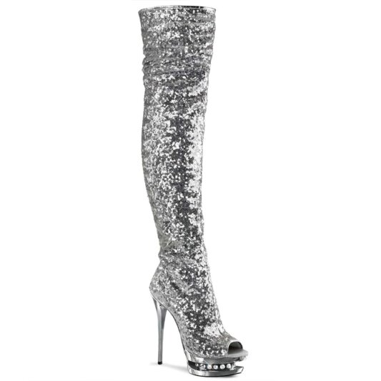 Pleaser BLONDIE-R-3011 Stivali Sopra Il Ginocchio - Glitter Argento/ Argento Cromato EU-35 / US-5
