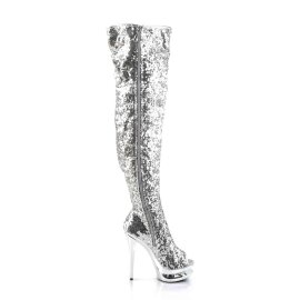 Pleaser BLONDIE-R-3011 Stivali Sopra Il Ginocchio - Glitter Argento/ Argento Cromato EU-38 / US-8