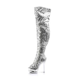 Pleaser BLONDIE-R-3011 Stivali Sopra Il Ginocchio - Glitter Argento/ Argento Cromato EU-39 / US-9