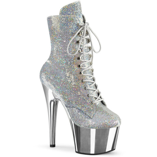 Pleaser ADORE-1020SQ-02 Stivaletti Con Plateau Cromato Holo Paillettes Argento EU-38 / US-8