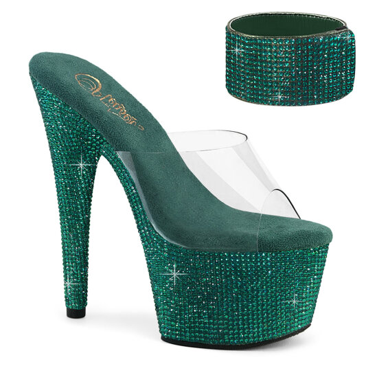 Pleaser BEJEWELED-712RS Mules Con Plateau Trasparente Strass Verde EU-39 / US-9