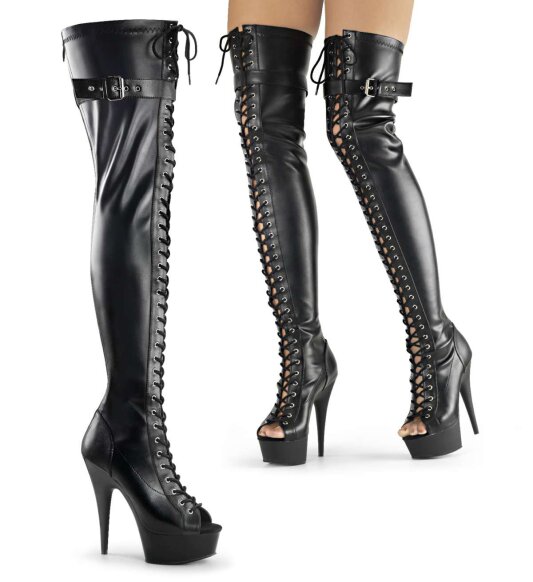 Pleaser DELIGHT-3025 Stivali Sopra Il Ginocchio - Similpelle Elasticizzato Nero/Nero Opaco EU-35 / US-5