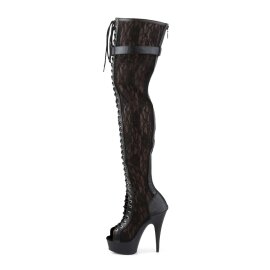 Pleaser DELIGHT-3025ML Stivali Sopra il Ginocchio Similpelle-Rete-Pizzo Nero/Nero Opaco EU-35 / US-5