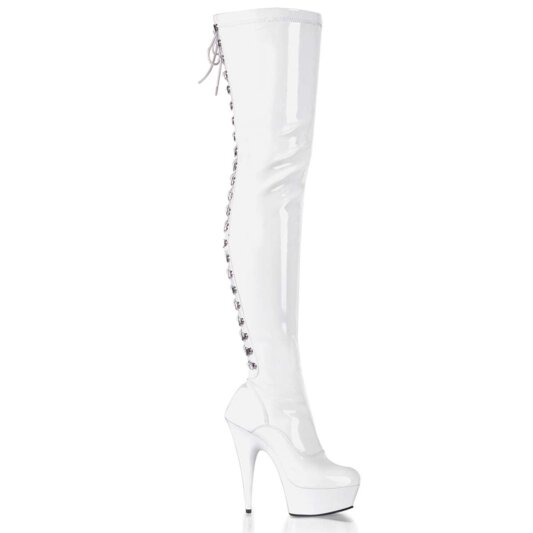Pleaser DELIGHT-3063 Stivali Sopra Il Ginocchio - Vernice Elasticizzato Bianco/Bianco EU-38 / US-8