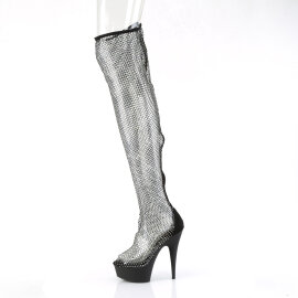 Pleaser DELIGHT-3009 Stivali Sopra Il Ginocchio Con Plateau Similpelle Strass Rete Nero EU-39 / US-9