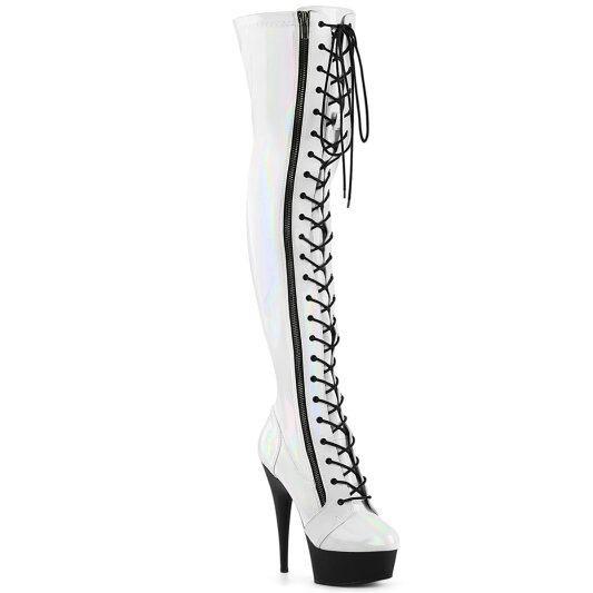 Pleaser DELIGHT-3029 Stivali Sopra Il Ginocchio Con Plateau Vernice Holo Bianco EU-35 / US-5