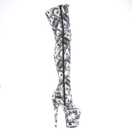 Pleaser FLAMINGO-3000DP Stivali Sopra Il Ginocchio Con Plateau Tessuto Nero Bianco EU-40 / US-10