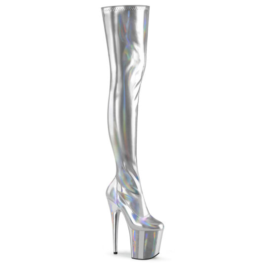 Pleaser FLAMINGO-3000HWR Stivali Sopra Il Ginocchio Con Plateau Holo Argento EU-41 / US-11