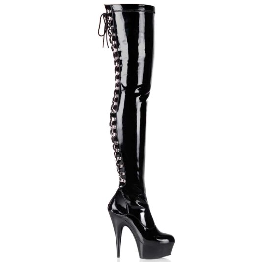 Pleaser DELIGHT-3063 Stivali Sopra Il Ginocchio - Vernice Elasticizzato Nero/Nero EU-36 / US-6