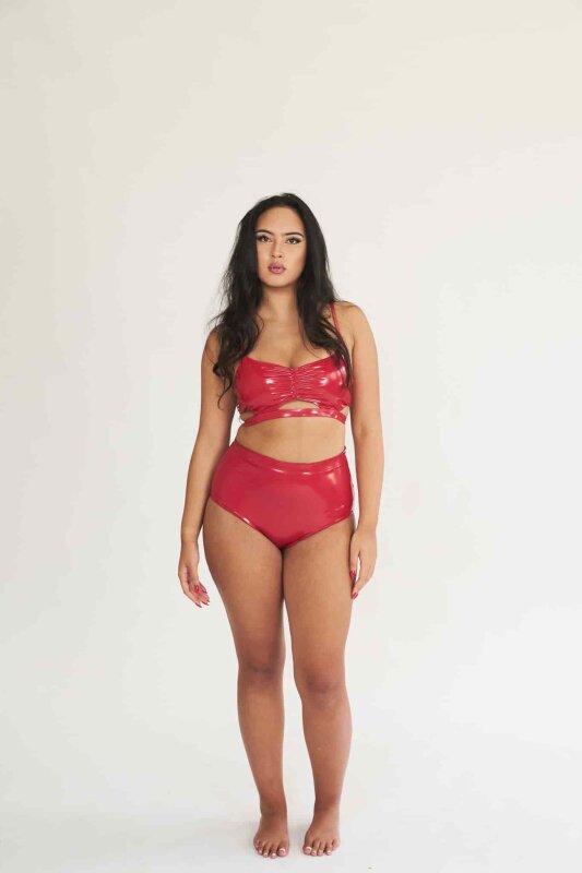 Lunalae Shorts High Waist Basic Effetto Vernice Rosso M