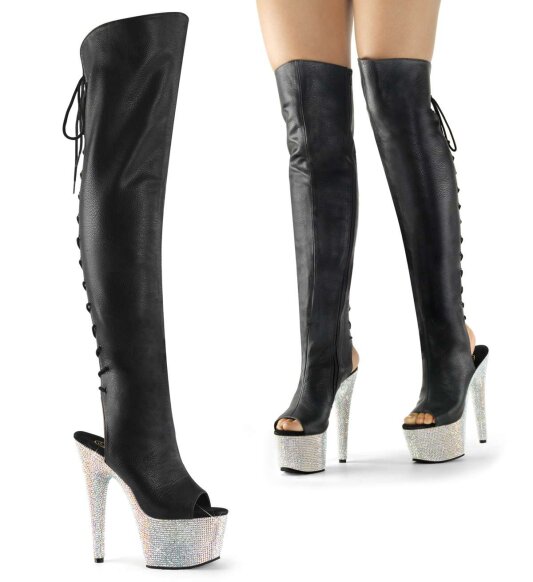 Pleaser Stivali Sopra il Ginocchio BEJEWELED-3019DM-7 Similpelle Nero/Argento Multi Strass EU-35 / US-5