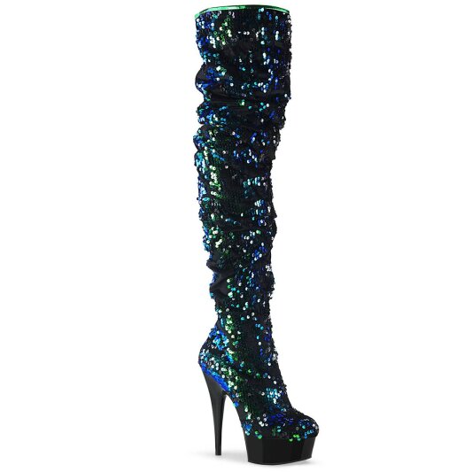 Pleaser DELIGHT-3004 Stivali Sopra Il Ginocchio Con Plateau Paillettes Verde
