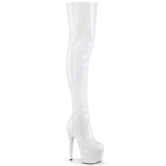 Pleaser BEJEWELED-3000-7 Stivali Sopra Il Ginocchio Con Plateau Ologramma Strass Bianco EU-42 / US-12