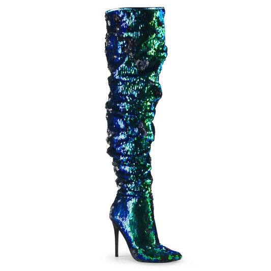 Pleaser COURTLY-3011 Stivali Sopra Il Ginocchio Paillettes Verde Blu EU-41 / US-11