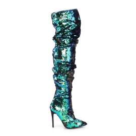 Pleaser COURTLY-3011 Stivali Sopra Il Ginocchio Paillettes Verde Blu EU-37 / US-7