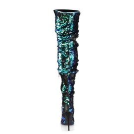 Pleaser COURTLY-3011 Stivali Sopra Il Ginocchio Paillettes Verde Blu EU-38 / US-8