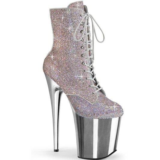 Pleaser FLAMINGO-1020CHRS Stivaletti con Plateau Multi Strass Cromato Argento EU-42 / US-12