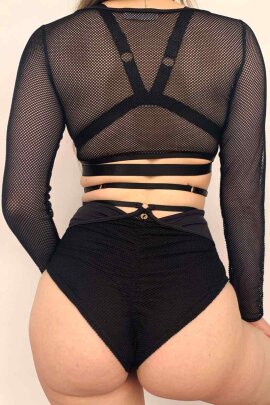 Lunalae Claire Shorts a Vita Alta a Rete con Cut-Out Nero M