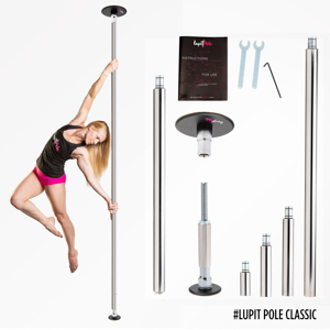 Palo da Pole Dance Lupit Pole Classic con modella che balla su di esso. Accanto tutte le singole parti che compongono il palo.